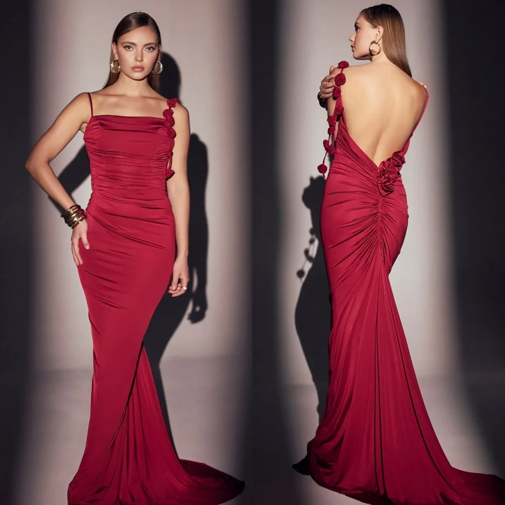 

Customized Fashion Matching Handmade Flower Pleat Mermaid Spaghetti strap Long Dresses Bespoke Occasion Dresses Formal Sexy