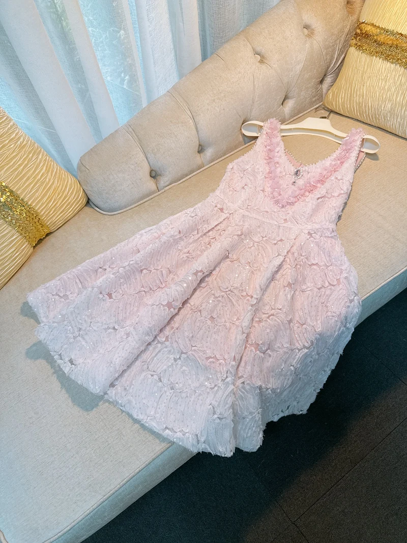 Ele Summer Vaion Dr Pink V-Ne Svel Robe trapèze brodée à embellissement lourd avec motif floral pour femme