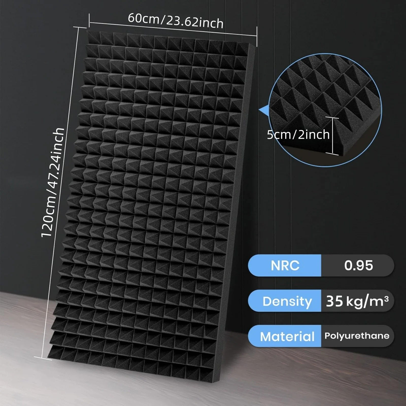 HERTBER High Density Pyramid Acoustic Foam 120x60x5cm Sound Absorbing Wall Panel For Studio Home Office