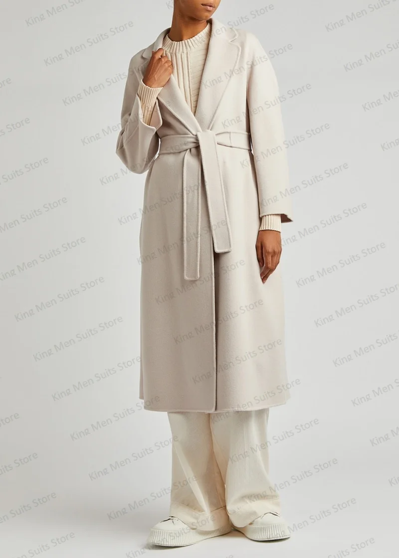 

Off White Woolen Cashmere Women Suit Long Blazer Overcoat With Belt Winter Thick Long Jacket Custom Made Office Lady Prom Dress