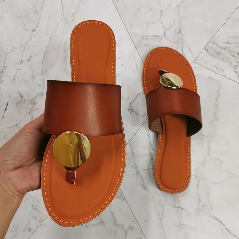 Women Leather Summer Sandals Shoes Retro design Thin Straps Open Toe Beach Slides Flat with Plus Size 41 Female Footwear