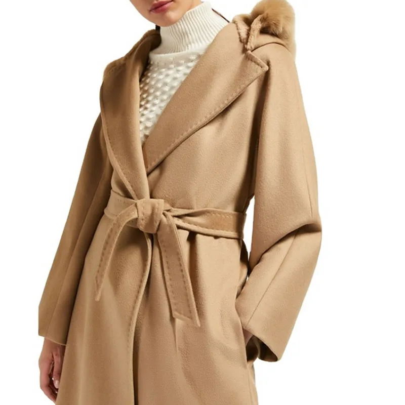 New Women Camel Color Winter Woolen Coat Fashion Long Sleeve Loose Hoodes Coat