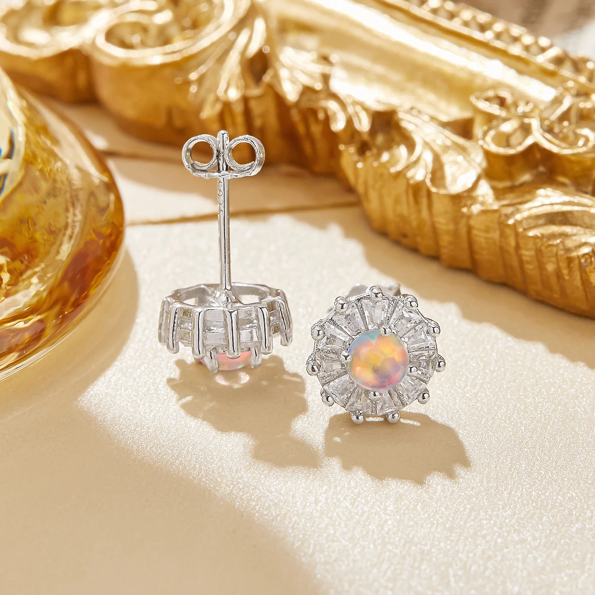 Halo Color Change Round Opal Studs Earrings Simulated Opal October Birthstone Solid 925 Sterling Silver Earrings 6310088