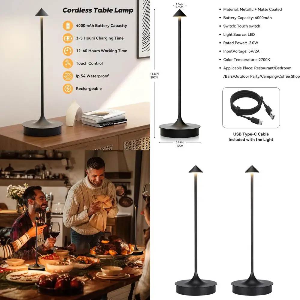 

Комплект из 2 беспроводных светодиодных настольных ламп, перезаряжаемое сенсорное управление, регулировка яркости, портативное водонепроницаемое для использования в помещении и на открытом воздухе (черный)