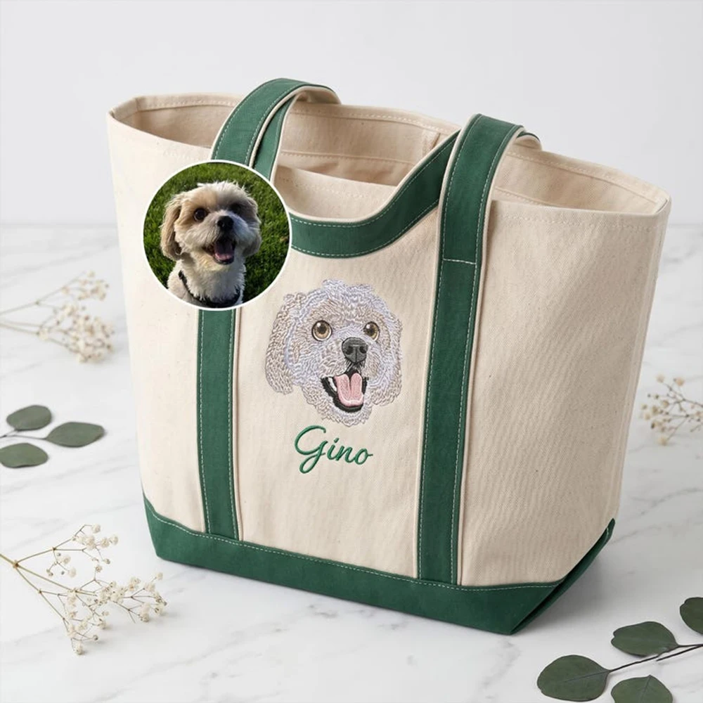 Custom Pet Portrait Canvas Tote Bag Two Tone Color Block Large Capacity Inner Zipper Front Pocket Dog Cat Mom Personalized Gift