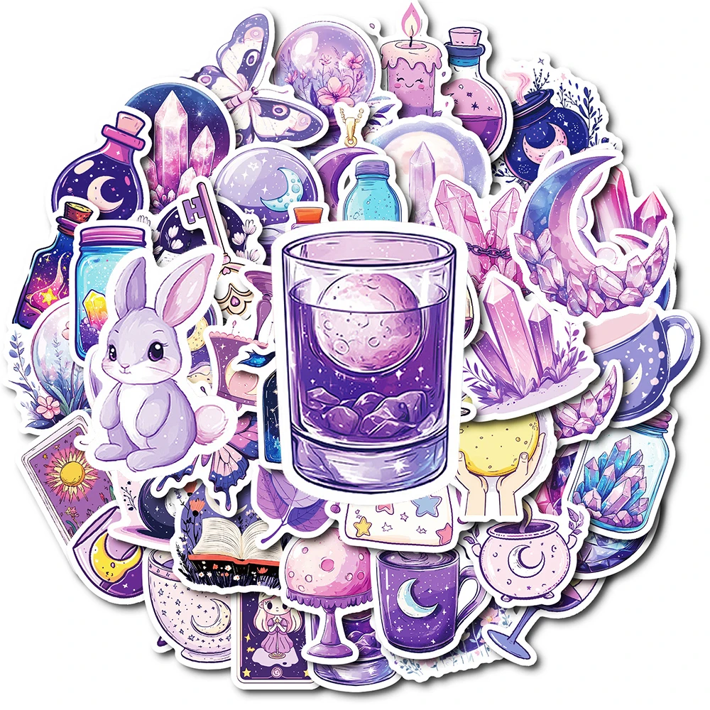 

10/30/50pcs Cute Magic Purple Crystal Moon Stickers Creative Vintage Aesthetic Decals Suitcase Notebook Phone Sticker Decoration