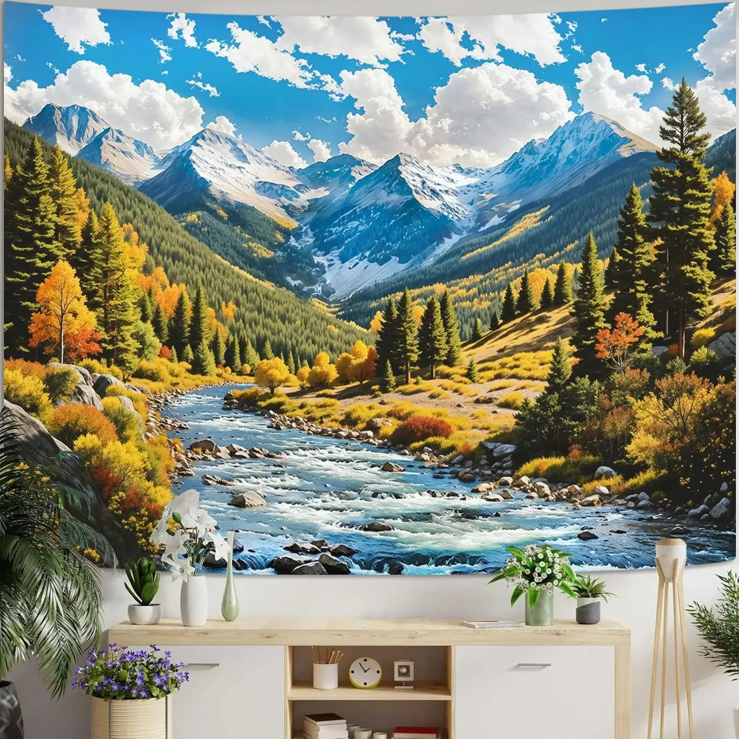 Luxury Art Sunrise Tapestry, Psychedelic Starry Sky Forest Print Large Wall Hanging for Artistic Bedroom Living Room Home Office