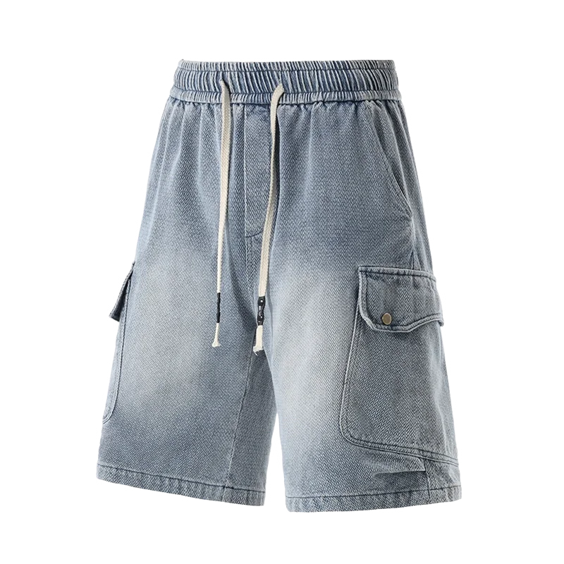 Retro Denim Shorts for Men Loose Straight Leg Multi-pocket Short Jeans Pants Summer 8XL Elastic Waist Drawstring Jean Shorts Man