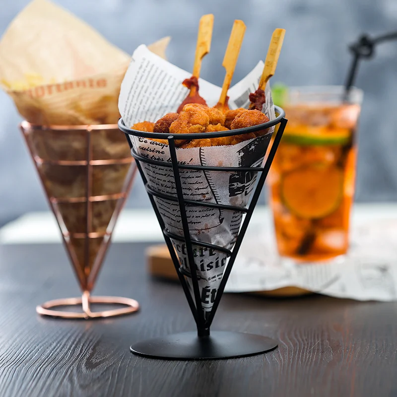 

Stainless Steel french fries stand Snacks Display Pizza Cone holder Fries Baskets Sauce Salad Dipping Cup Kitchen Tool