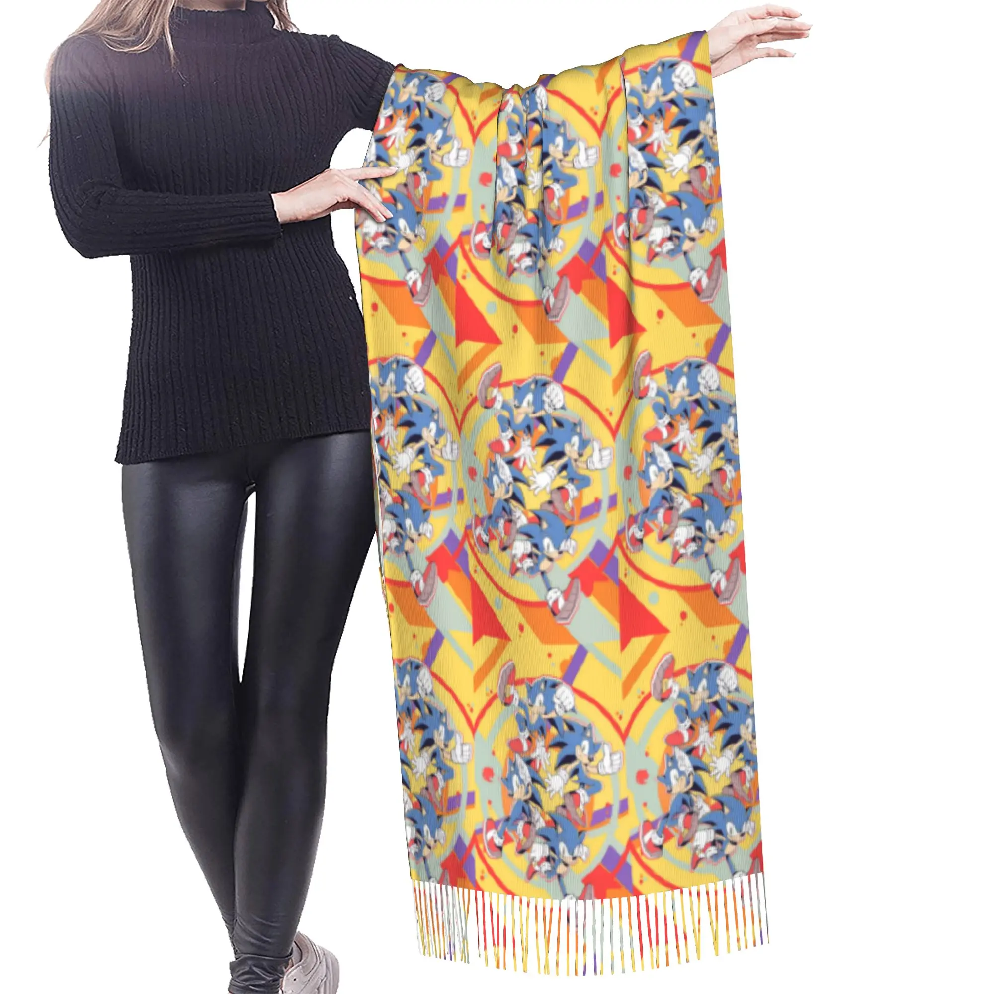 Custom Print S-Soniced Cartoon Scarf Women Men Winter Warm Scarves Video Game Shawl Wrap