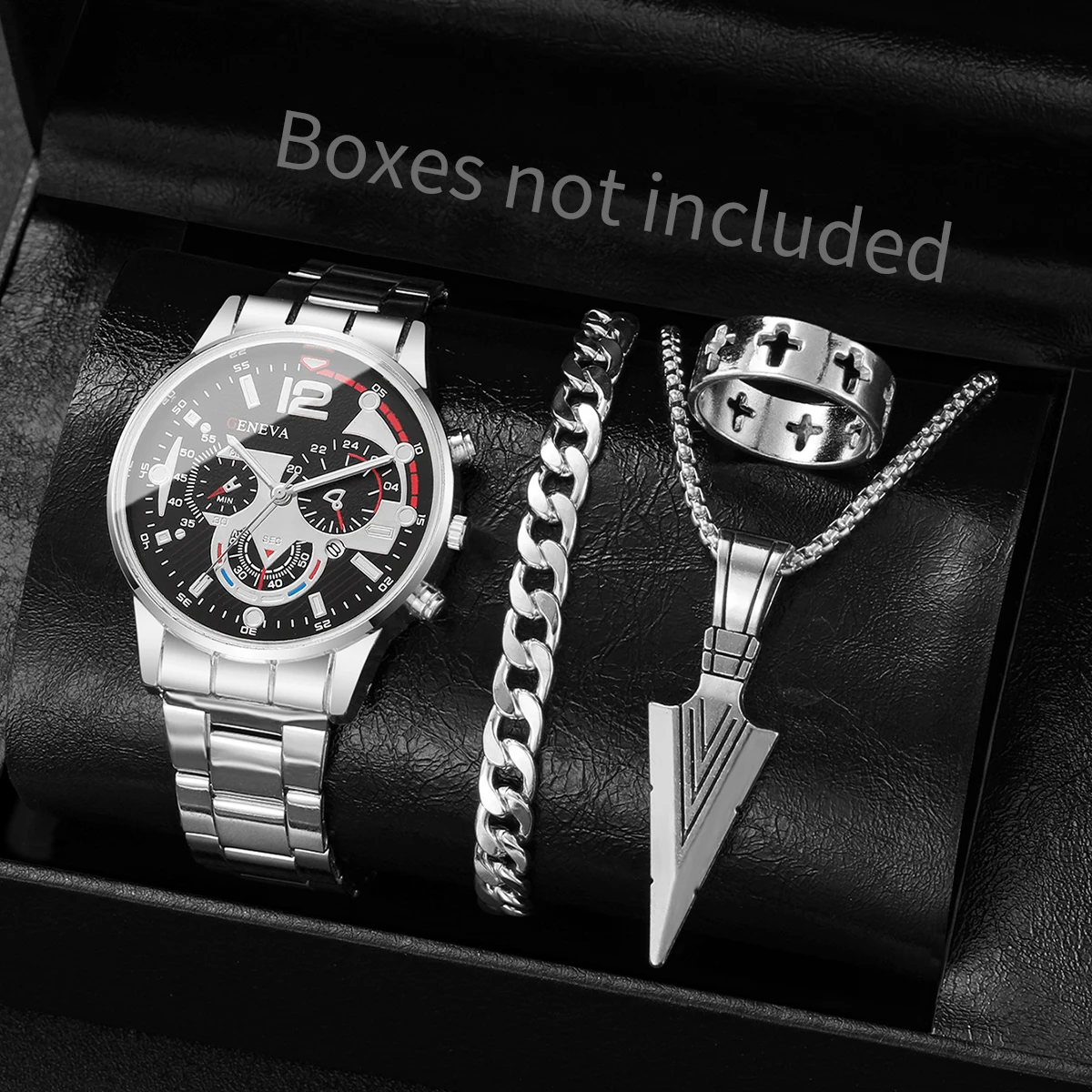 

Steel strip quartz men's watch high-end business style luminous pointer watch large dial set