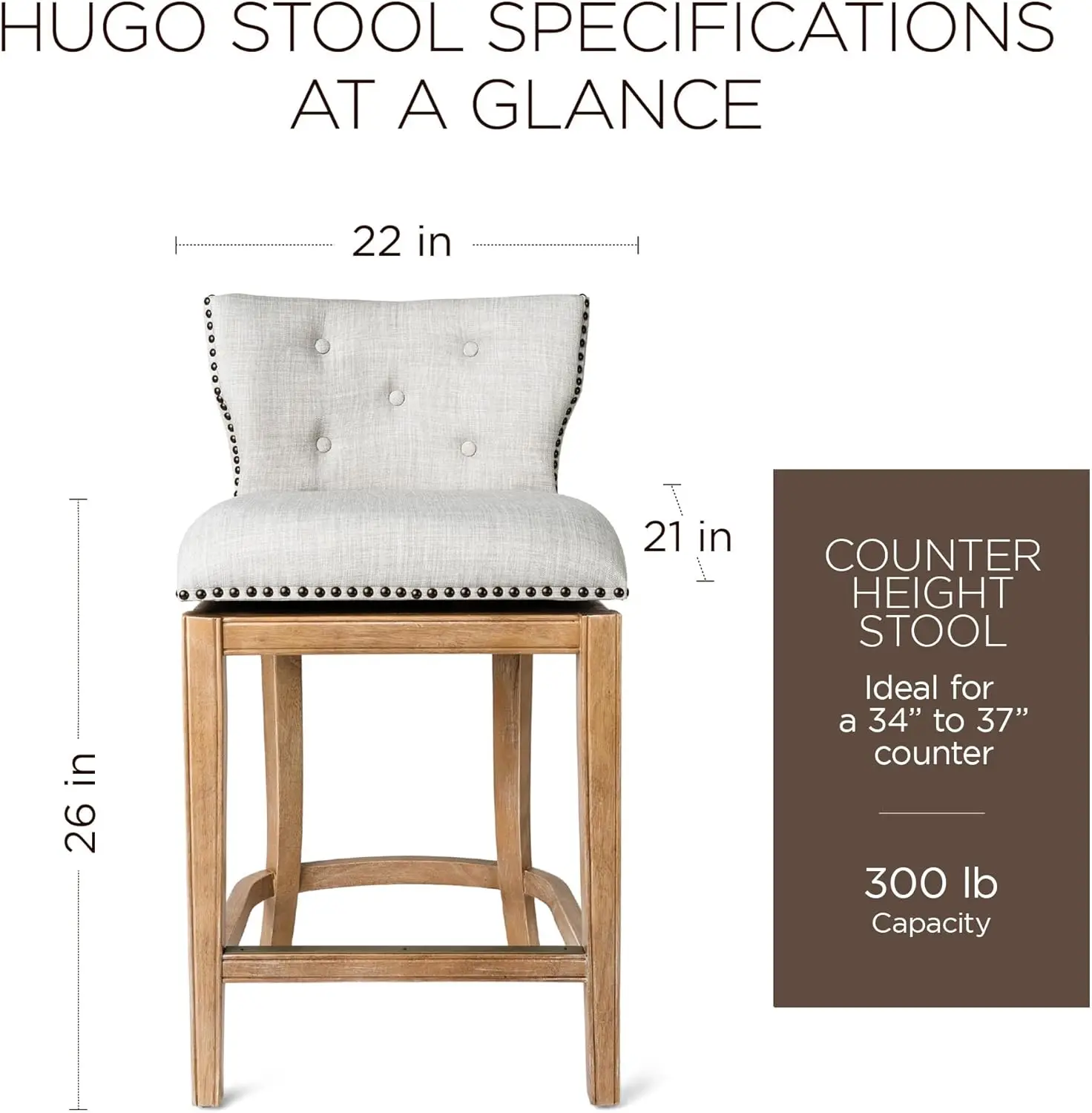 Hugo 26 Inch High Counter Height Barstool With Low Back In Weathered Oak Finish With Sand Color Fabric Upholstered Seat