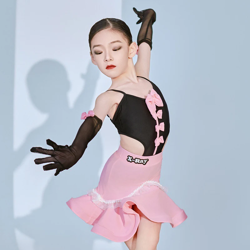 2023 New Latin Dance Dress Girls Cute Pink Bow Performance Suit Kids Cha Cha Rumba Practice Clothes Competition Dress DNV18298