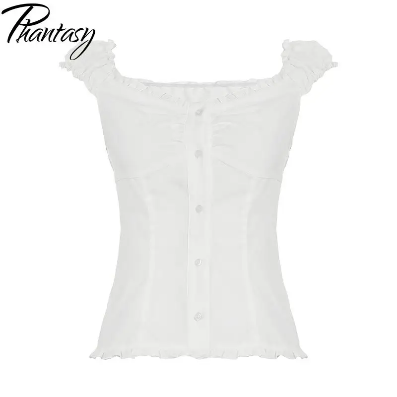 Fantasma y2k mulheres topos sexy listrado blusa fina pescoço quadrado babados camisa moda elegante blusa roupas vintage 2025 verão