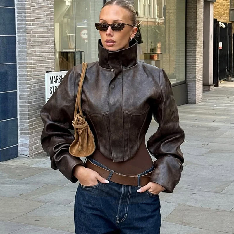

Streetwear Women Cropped Leather Jacket New Autumn Vintage Corset Short Coat Fashion 2026 Stand Collar PU Leather Outerwear