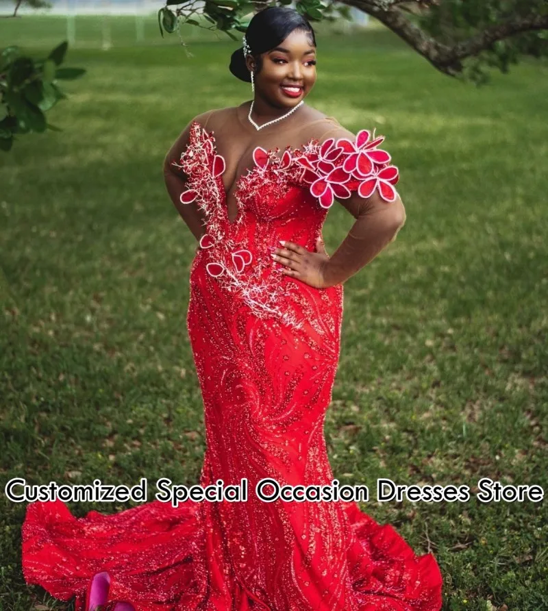 Sexy Red Prom Dresses 2026 V Neck Illusion Mermaid Party Dress Sequins Flowers Black Girls African Evening Gowns Customized