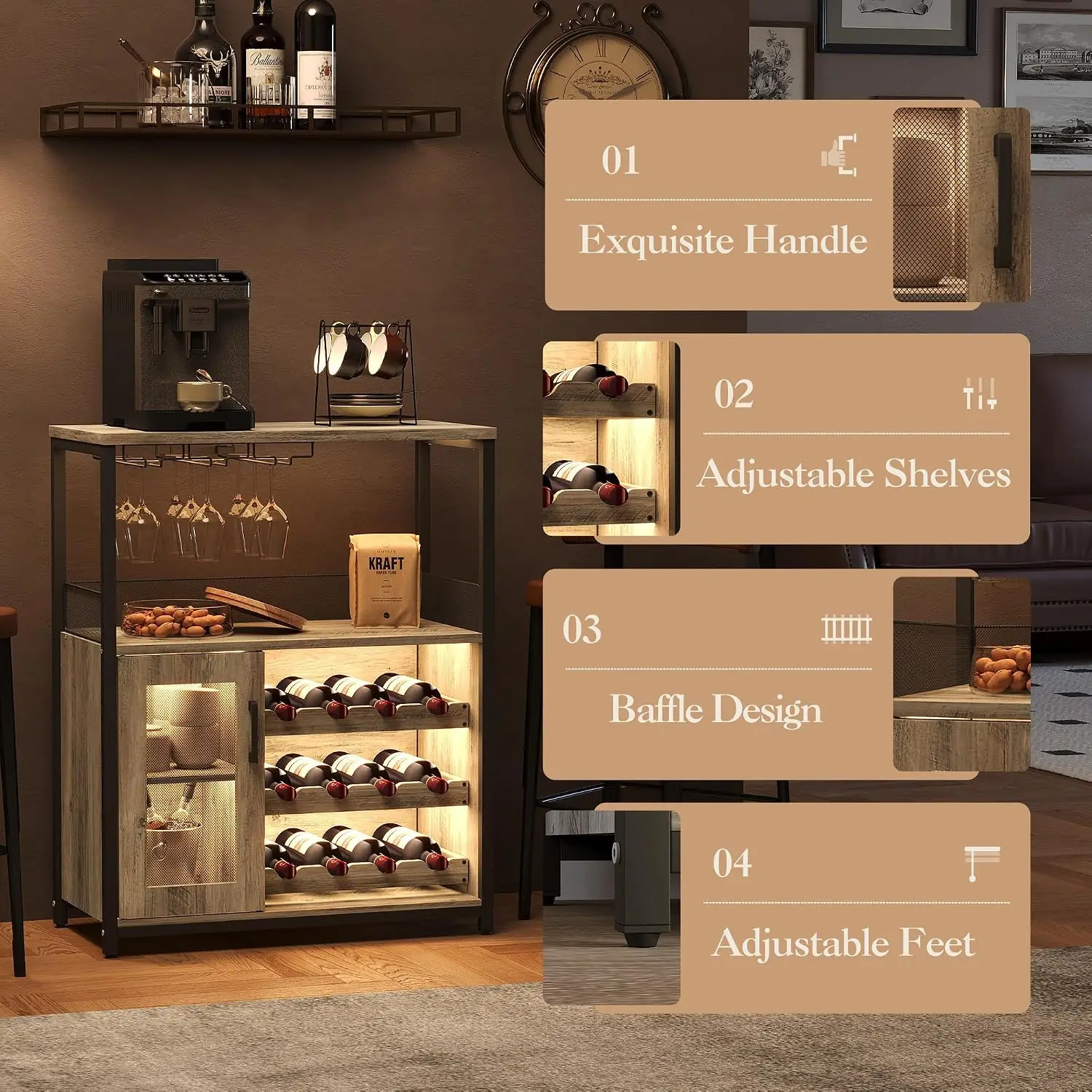 3 Tier Wine Bar Cabinet LED Lights Adjustable Storage Liquor Rack Glass Holder Mesh Door Sideboard Home Dining Room, Customized image 4