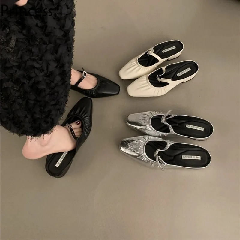 

Thick Heel French Half Silver Baotou Slippers Women's Spring/Summer Small Fragrant Style Mary Jane Single New Chinese Shoes