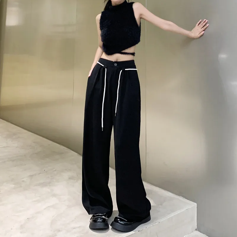 

Black Suit Wide Leg Pants Women New Design Drawstring High Waiste Straight Baggy Tailored Trousers Female 2022 All Season