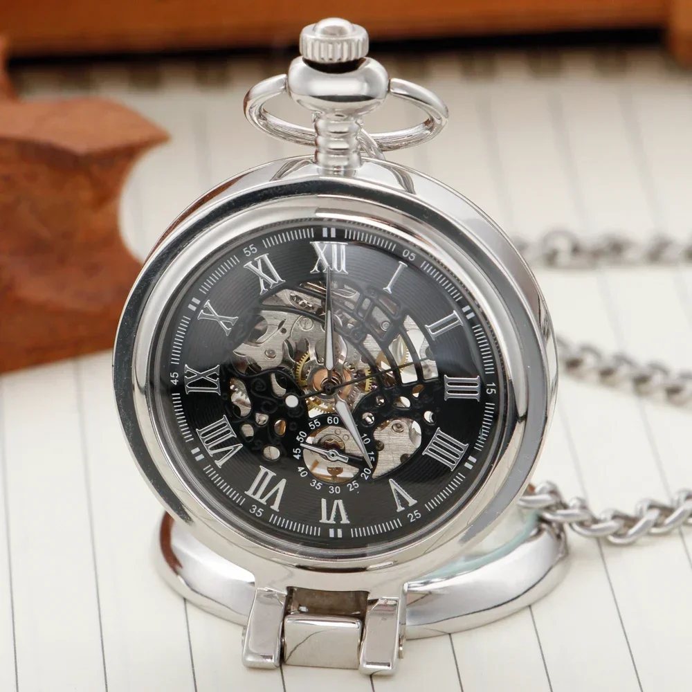 Fashion Silve personality Mechanical Hand Wind Pocket Watch With Chain Steampunk Vintage Pocket Fob Watch PJX1749