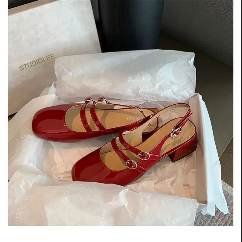 Women Sandals Summer Shoes Woman low heels Double Buckle Mary Janes Shoes Patent Leather Dress Shoes Back Strap Zapatos Mujer