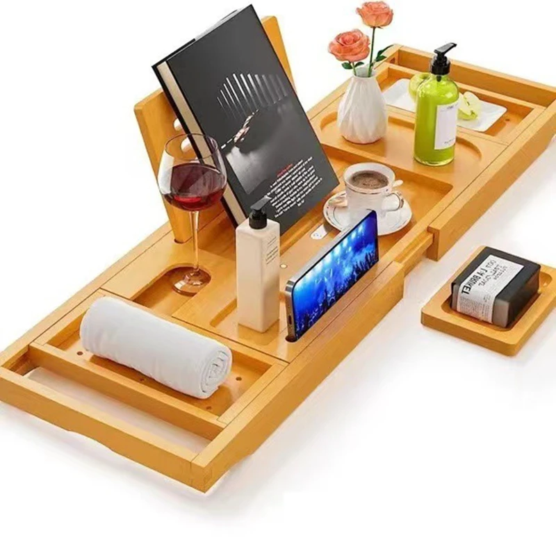 

Luxury Bamboo Bathtub Tray Foldable Bath Tub Caddy Table Shelf Bathroom Accessories for Books Tablets Wine Spa Essentials