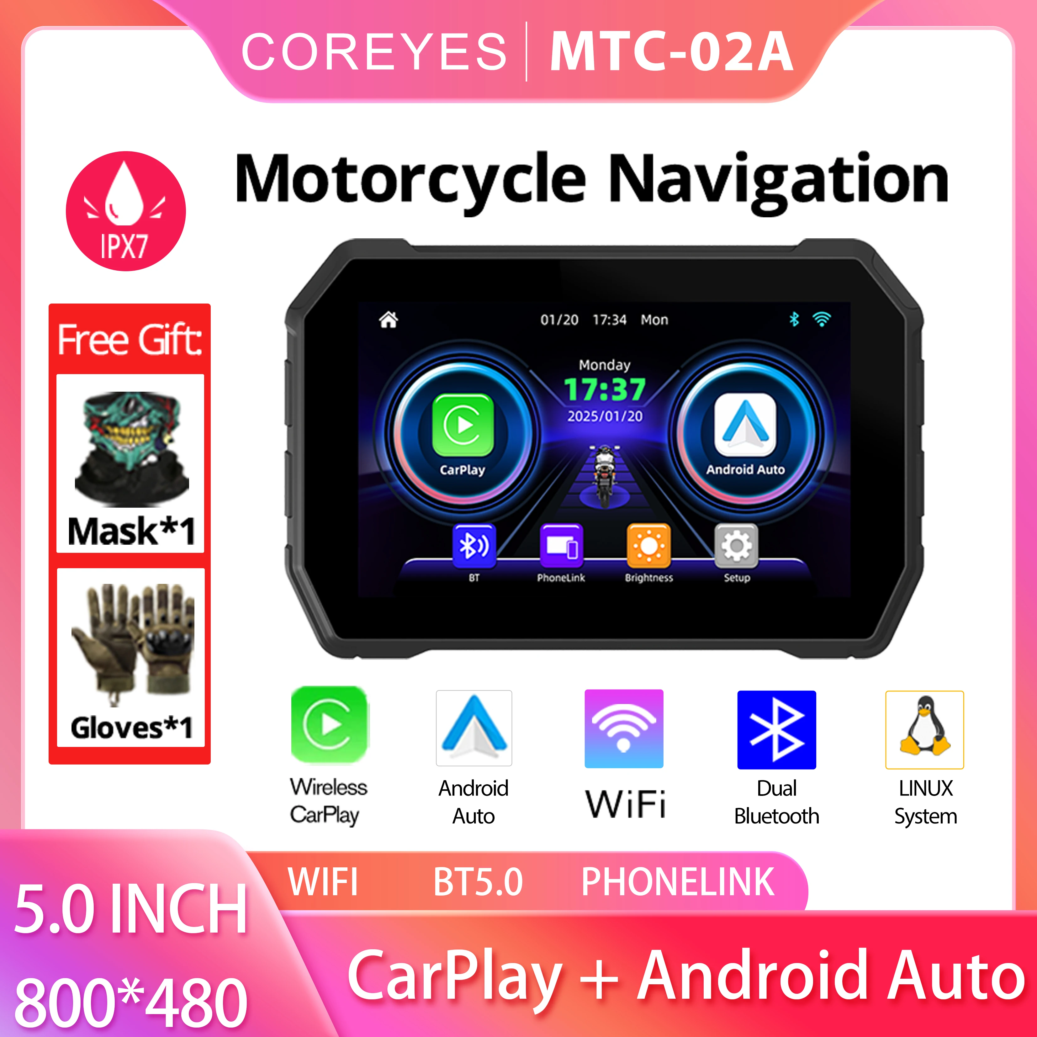 Motorcycle Wireless Carplay Android Auto Navigation COREYES MTC-02A Waterproof BT Multifunctional Compact Monitor