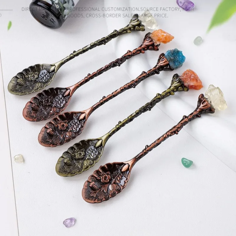 Natural Crystal Stone Carved Spoon Vintage Style Engraved Stirring Spoon for Dessert Tea Coffee Crystal Craftsmanship Utensil
