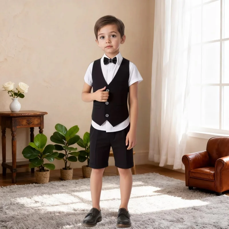 Children's British Style Suit Set Flower Boys Summer Formal Vest Set Perfect for Speeches Piano Performances or Daily Wear