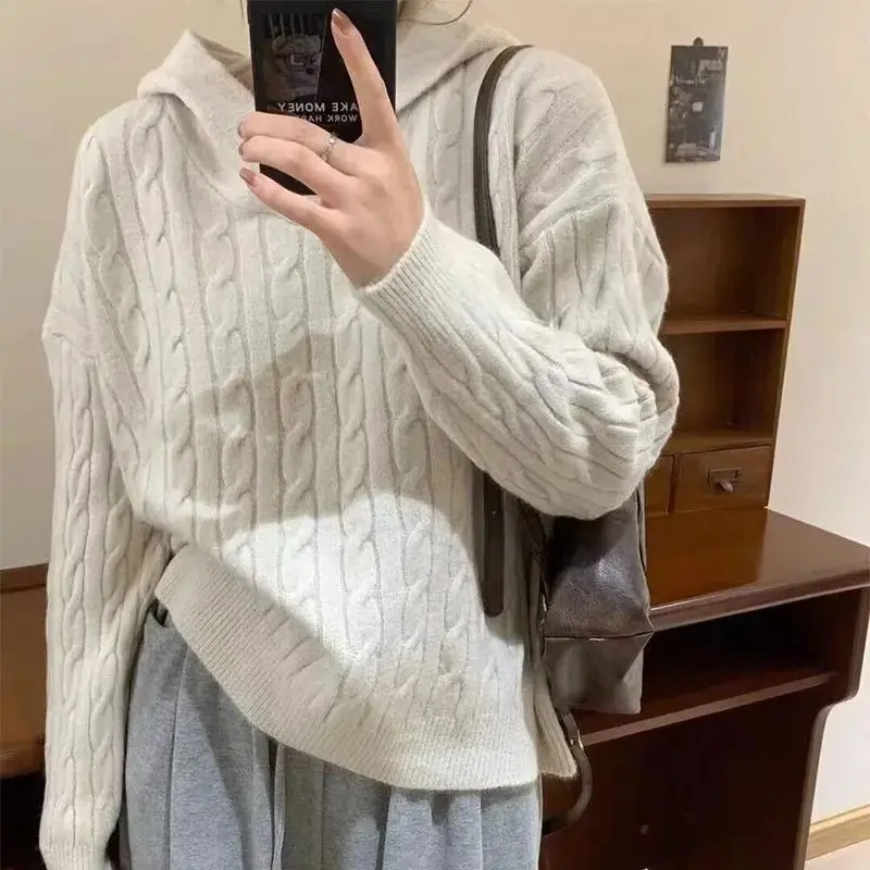 

Fashion Korean Braided Retro Hooded Sweater Women, New Loose Lazy College Style Versatile Knitted Top For Autumn And Winter