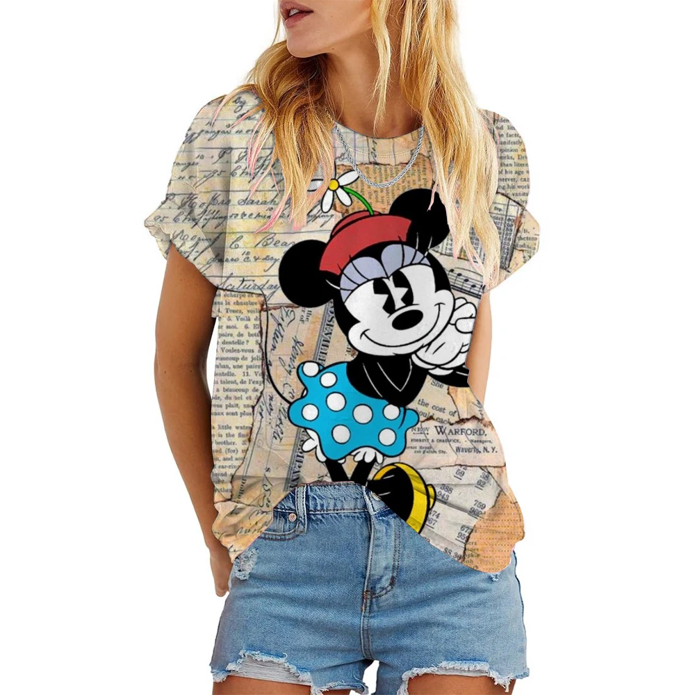 Disney Mickey Mouse Print Summer T Shirt For Women Oversize T-shirt Round Neck Clothes Pulovers Top Graphic T Shirts Casual