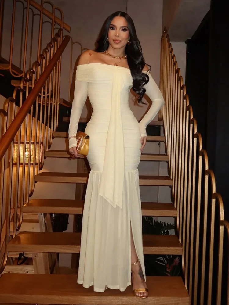 Articat elegante fora do ombro dupla camada vestido de manga longa feminino fora do ombro tubo superior ruched magro sexy fenda festa vestido de noite