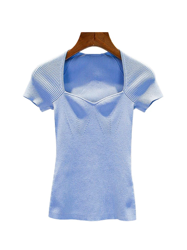 M Home Nan You Ekskluzywna Damska Niebieska Dzianinowa Koszulka T-shirt Slim Fit Miękka Wiosenna Kolekcja Damska Moda Jednolity Kolor Top