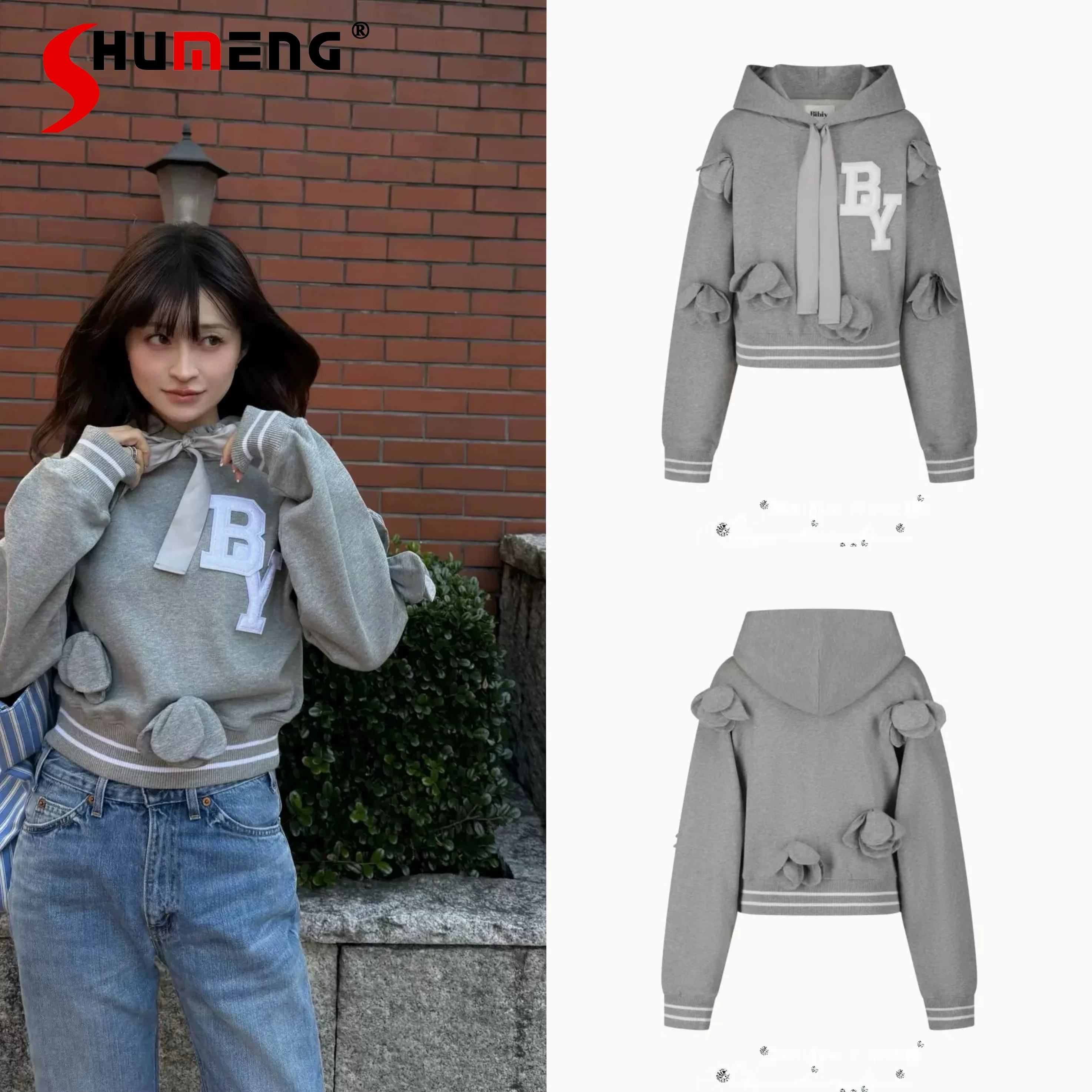 

Японские женские серые худи с 3D-цветочным узором и буквой B, весенняя новинка, милый повседневный топ с длинным рукавом, кавайный свитшот для девушек 2026