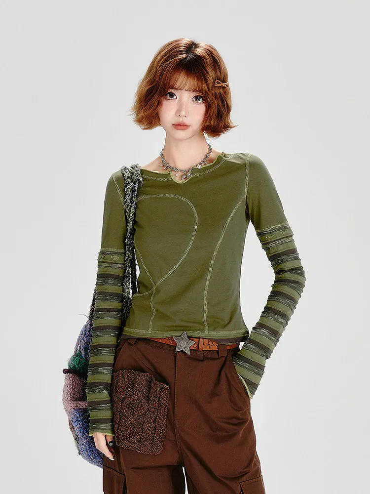 Women's Green O-Neck T-shirt Y2k Gyaru Tee Top 2000s Vintage Harajuku Aesthetic Long Sleeve Striped T-shirt Clothes Spring 2026