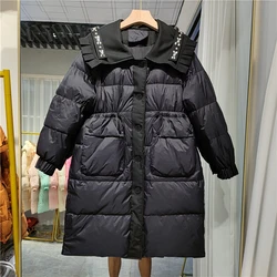 Korean Winter Women Long Down Jacket Crystal Ruffels Lapel Collar Thick Warm 90% White Duck Down Coat Ladies Casual Outerwear