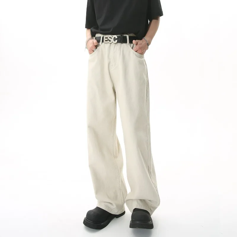 

KIDWHXR Four Seasons Men Trousers Vintage Simple Solid Color Male Denim Pant Loose Mid Waist Versatile Man Straight-leg Pant