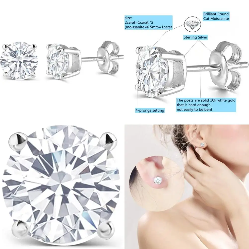 

Lab Created Moissanite Diamond Stud Earrings 10K White Gold 2CTW 6.5mm G-H-I Color for Women