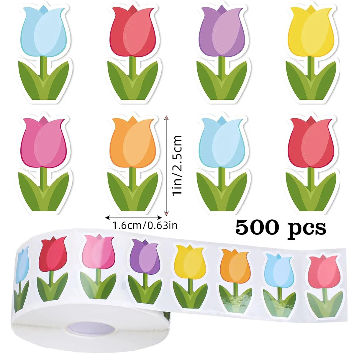 500Pcs 2.5cm/1inch Tulip Colorful Flowers Rewards Sticker Decoration Gift Box Sticker Label Stationery Sticker