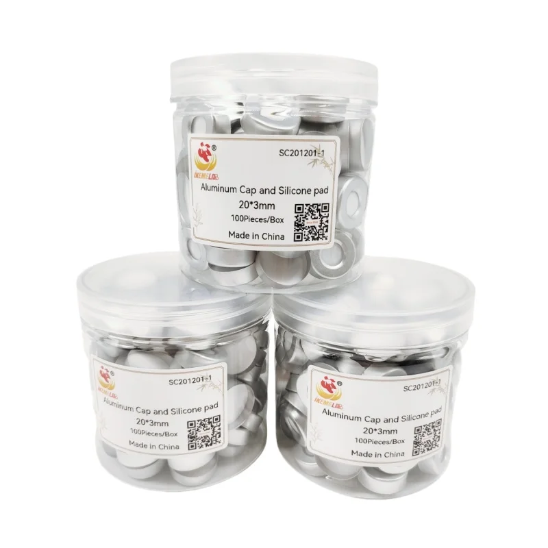 IKEME 100 sztuk 20*3mm Naturalne PTFE / Naturalne Silikonowe Septa, Aluminiowe Nakrętki z Otworem do Zaciskania, Otwór Centralny 10mm do Fiolki 10ml 20ml — zdjęcie 2