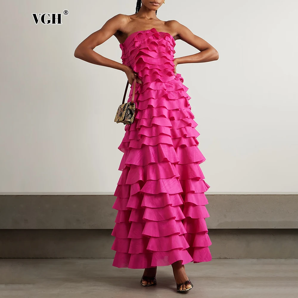 

VGH Sweet Slimming Folds Long Dresses For Women Strapless Sleeveless Backless High Waist Summer Temperament Dress Female Style