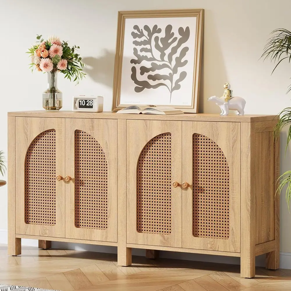 4-Door Rattan Sideboard with Storage for Living Room, Kitchen, or Entryway