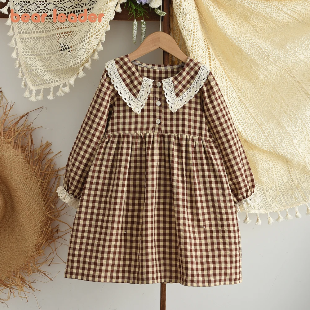 Bear Leader Autumn Brown Korean Checkered Printed Girls Casual Dresses Lace Doll Collar Long Sleeved Plain Children's Clothing