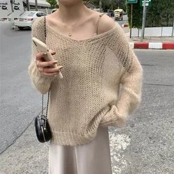 2024 Early Spring Women's Pullover V-neck Patchwork Solid Color Hollow Out Loose Elegant All-match Long Sleeved Knitted Sweater