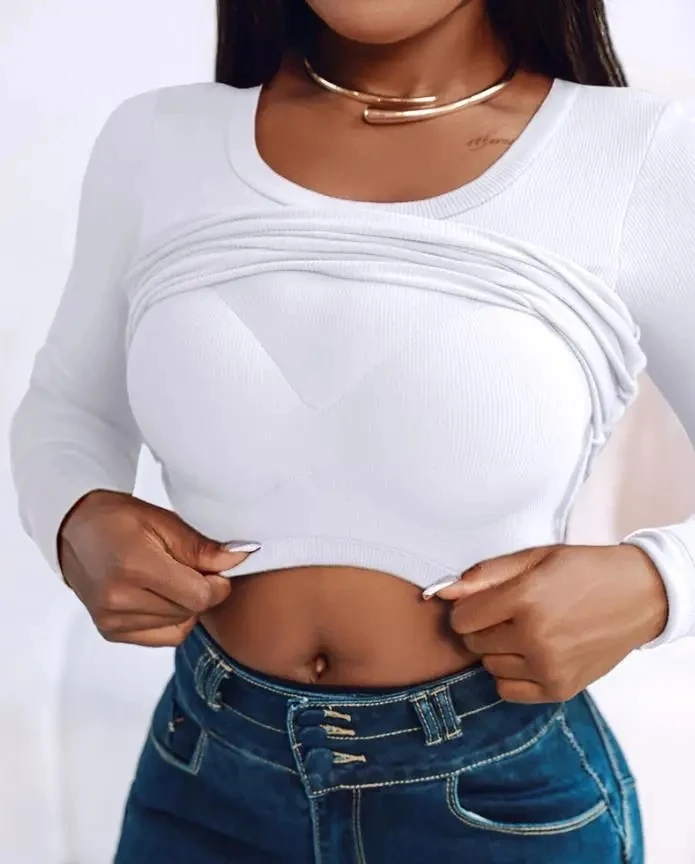 

Women's U Neck Long Sleeve Built In Bra Shirt Woman Daily Clothing Autumn New Fashion Tee Sports Female Casual Seamless Slim Top