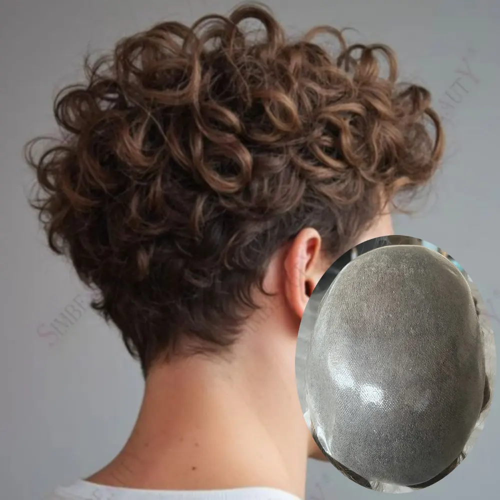 

26mm Curly Vlooped Silicone Microskin Toupee Men Light Brown22r Blonde Grey Natural Human Hair Men's Durable Capillary Prothesis