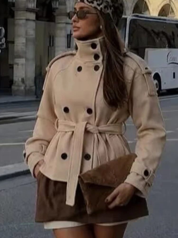 TFMLN Women Wool Blend Coat New Solid Stand Collar Double Breasted Belted Waist Long Sleeve Epaulet Casual Short Jacket