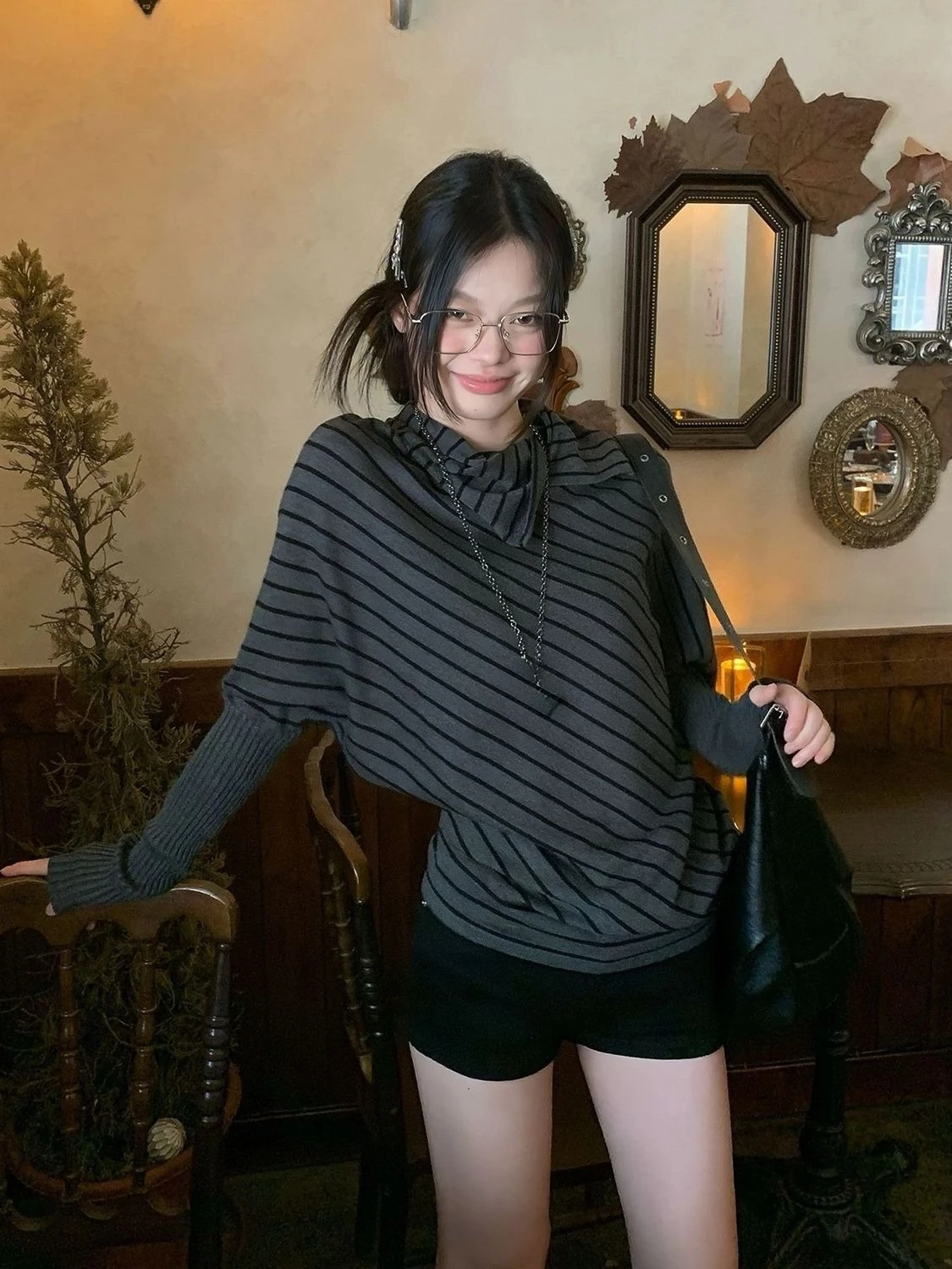 Estética moda listra topos mulher streetwear elegante manga longa t chique coreano vintage malhas pulôver