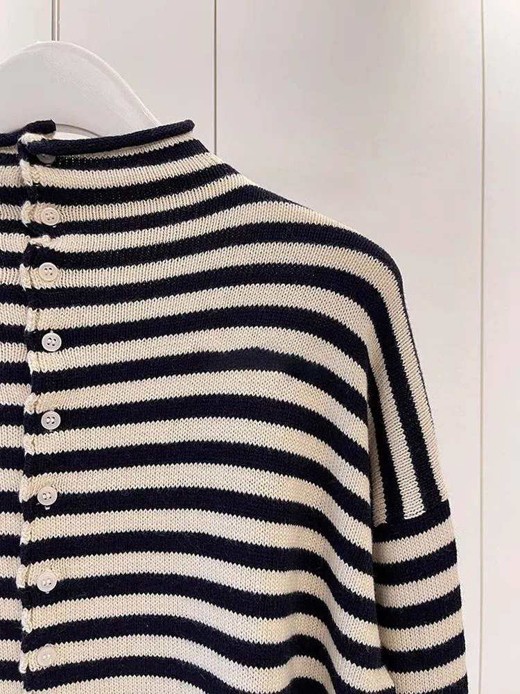 Atasan Rajut Desain Sensasi Warna Garis Blo Long Sve Nyaman untuk Bepergian, Kancing Tunggal, Model Slim