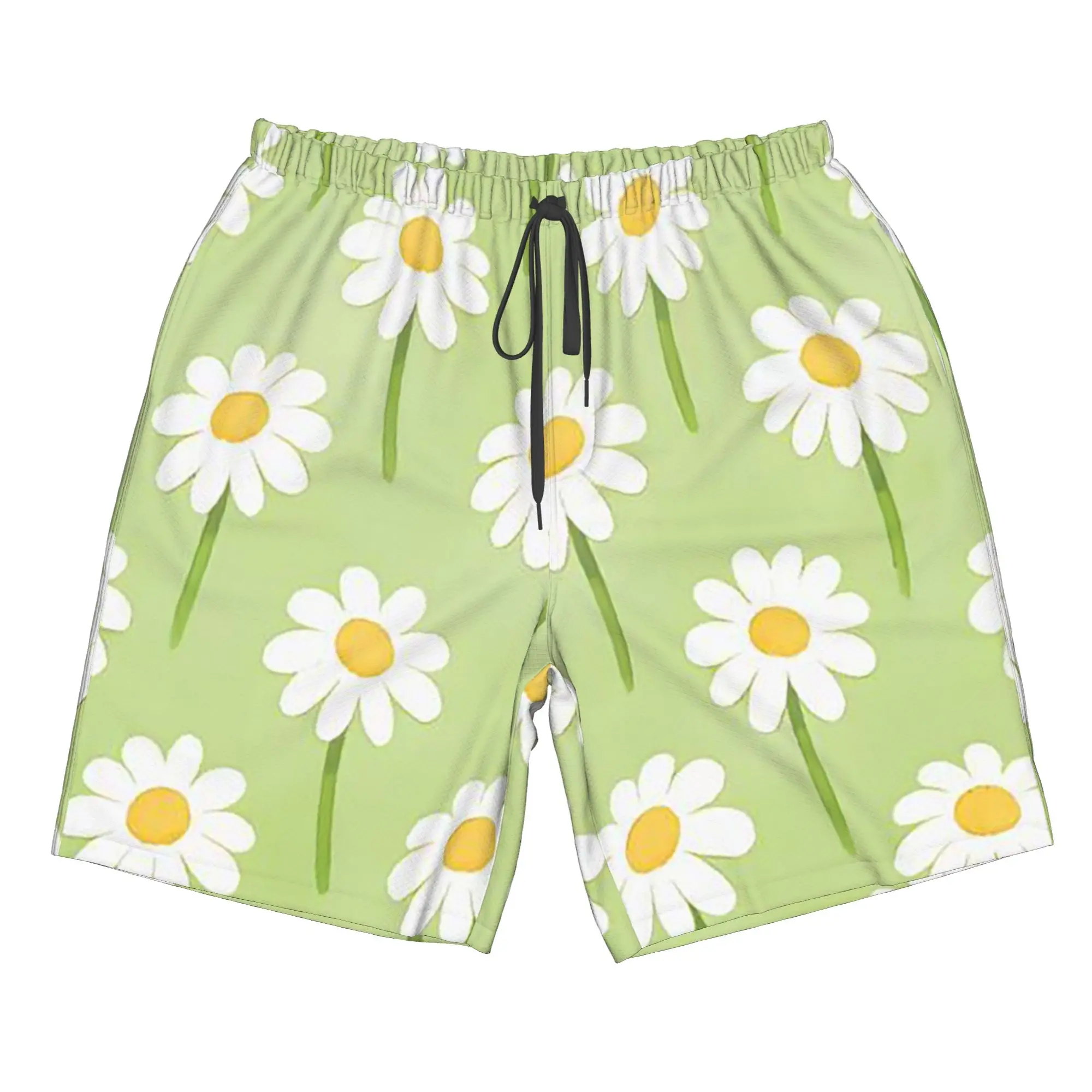 Macaron Colour Green Daisy Pattern Trunks Beach Board Shorts Casual Quick Dry Swim Summer Men Pants